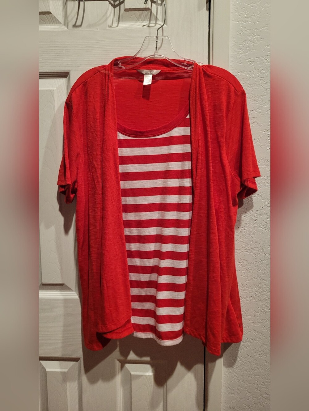 Red Striped Tank with Red Open Cardigan Layering Set